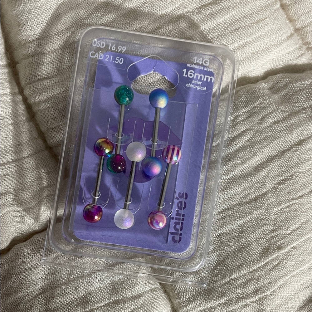 New Stainless Steel Tongue Bars 5 Pack 14G Ball Closure Various Colours